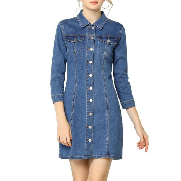 Vestido de mezclilla para mujer INSPIRE CHIC, con mangas 3/4, botones, mini vestido de camisa de mezclilla, talla XS, azul claro