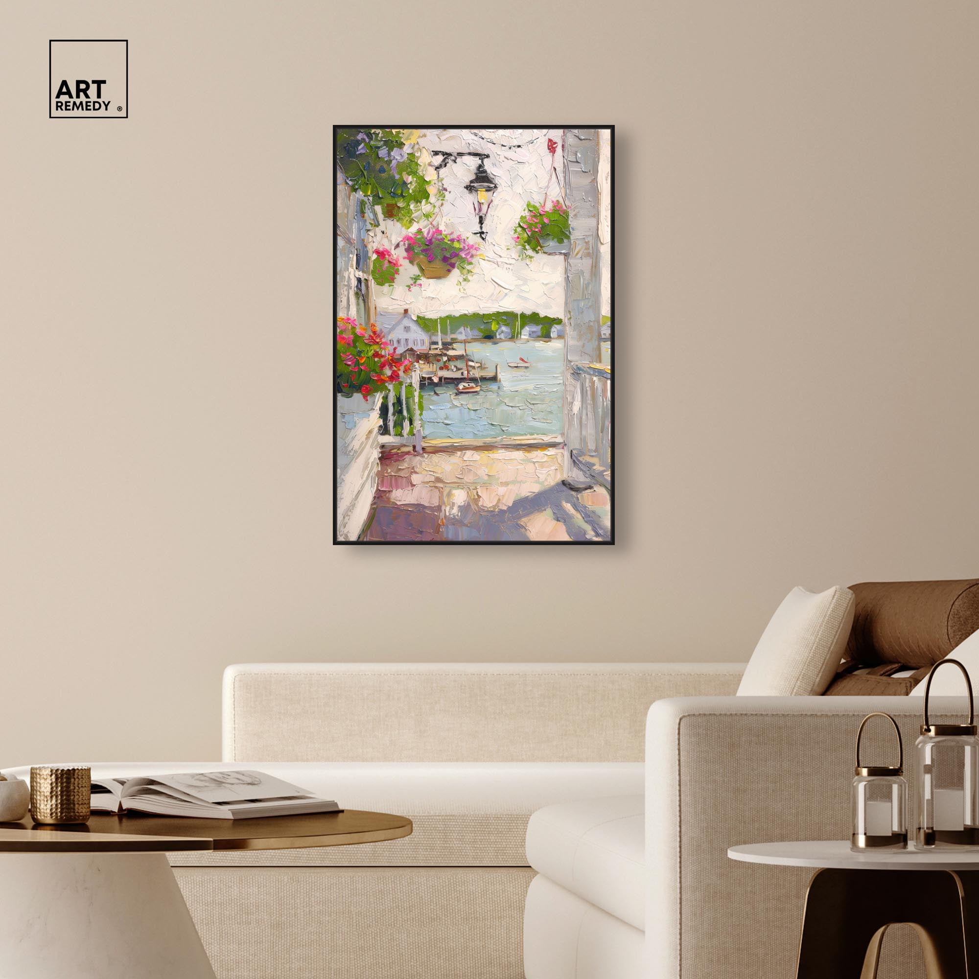 Harbor Hideaway II Canvas Pastel Oil Paintings by Art Remedy, Black Frame, 30 x 45