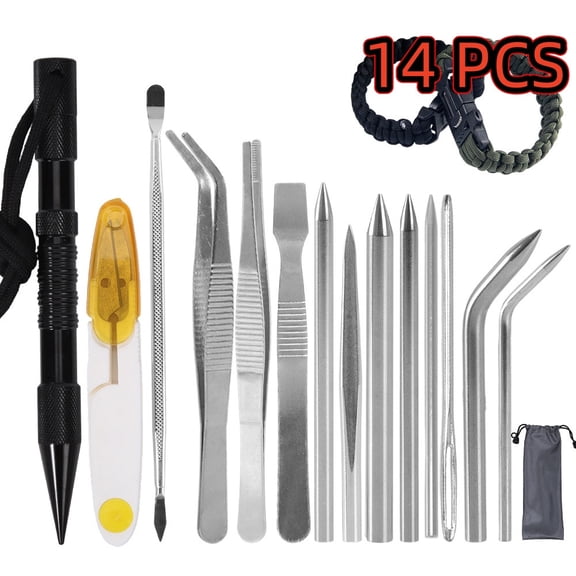 14 Pieces Paracord Tools Needles Paracord FID Set Stitching Set Stainless Steel Lacing Needles Smoothing Tool Knotter with Marlin Spike for Work Leather Weaving