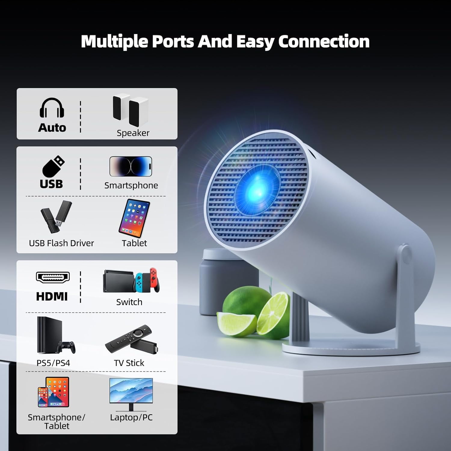 Projector with WiFi and Bluetooth, Mini Projector, 4K 1080P Support Portable Wireless Movie Projectors 220° Rotatable 130'' Screen Auto Keystone Compatible with HDMI/iPhone/TV Stick for Bedroom