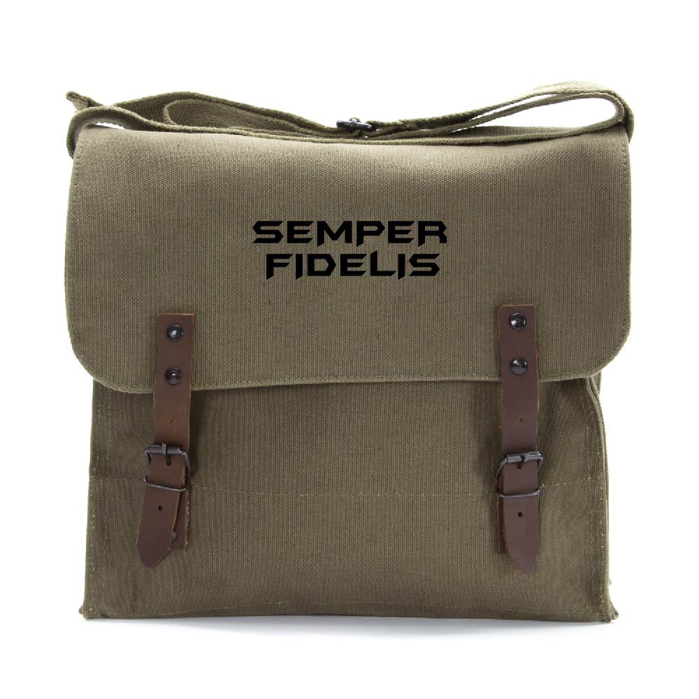 Marine Semper Fidelis Text Army Heavyweight Canvas Messenger Shoulder Bag in Olive & Black U.S 