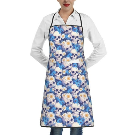 

Rocae white Skull blue daisy for Kitchen Aprons for Women Adjustable Cooking Kitchen Chef Apron for Men with Pockets