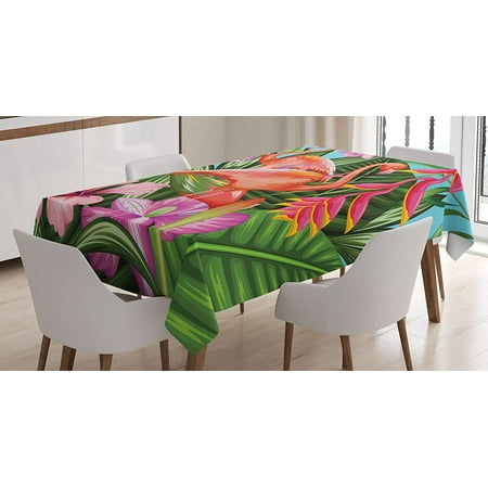 

Mindunm Flamingo Tablecloth Illustration of Flamingo with Tropical Garden Hibiscus Flower Plant Vintage Rectangular Table Cover for Dining Room Kitchen Decor 60 X 84 Green Pink