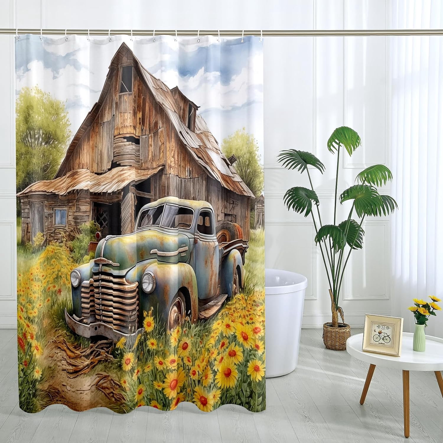 Farmhouse Truck Shower Curtain Rustic Sunflower Shower Curtain Country Car Shower Curtain Bathroom Decor Polyester Fabric-72" x 72"