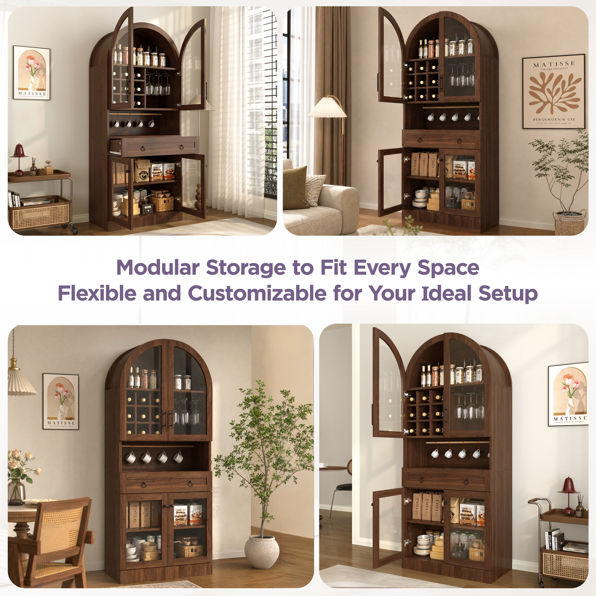 Mintazer 70" Tall Arched Bar Cabinet with Tempered Glass Doors, Freestanding Storage Buffet Sideboard with Removable Wine Rack & Cup Hooks for Dining Room Kitchen Living Room, Walnut