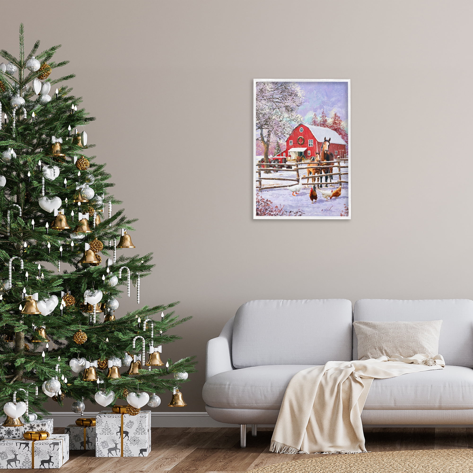 Stupell Industries Winter Farm Scene Holiday Painting White Framed Art Print Wall Art, 20 x 30