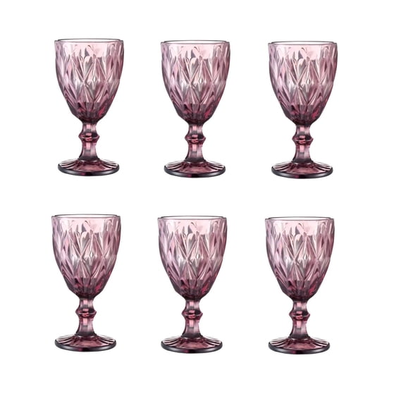 STP GOODS Embossed Drinking Glasses Set of 6 Pcs 11.3 fl oz (335 ml) Wine Glasses Set of 6 Drinking Glasses Water Goblets for Weddings and Parties Vintage Glassware, Pink