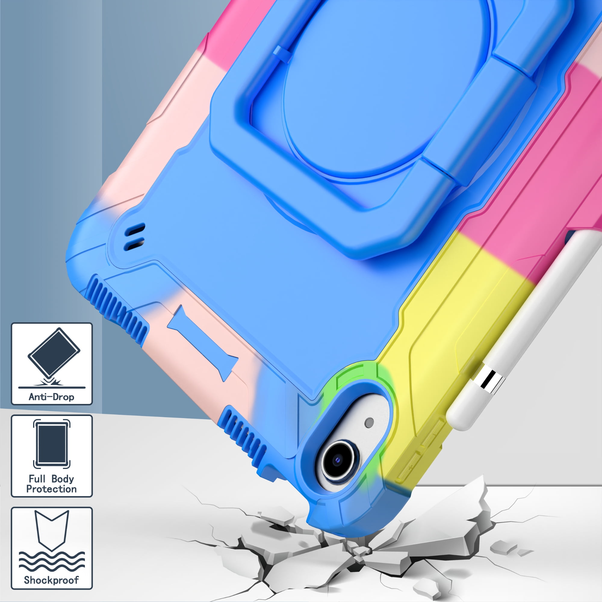 Dteck iPad 10th Generation Case, New iPad 2022 10.9 inch Rugged Case with Screen Protector, Rotating Stand/Pencil Holder/Carrying Shoulder Strap,Colorful Blue