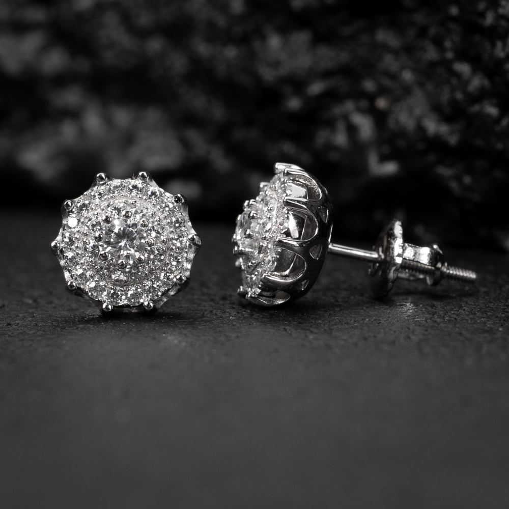 Brilliant Round Spiked Cut Big Iced Cz White Gold Plated 925 Sterling Silver Screw Back Post Large Circle Flower Cluster Spike Stud Hip Hop Earrings