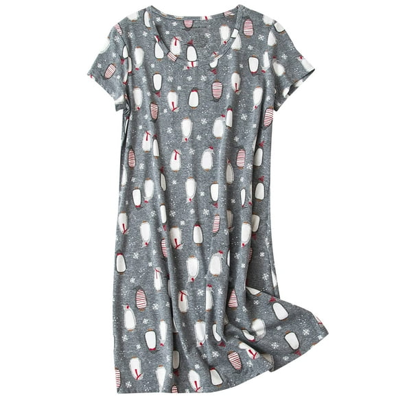 Zando Chemises de Nuit pour Femmes Coton Chemises de Nuit Manches Courtes Pyjamas Animal cartoon Pyjamas de Noël Chemises de Nuit & Pyjamas Maternité Pyjamas Doux pour Femmes Gris genguin Large
