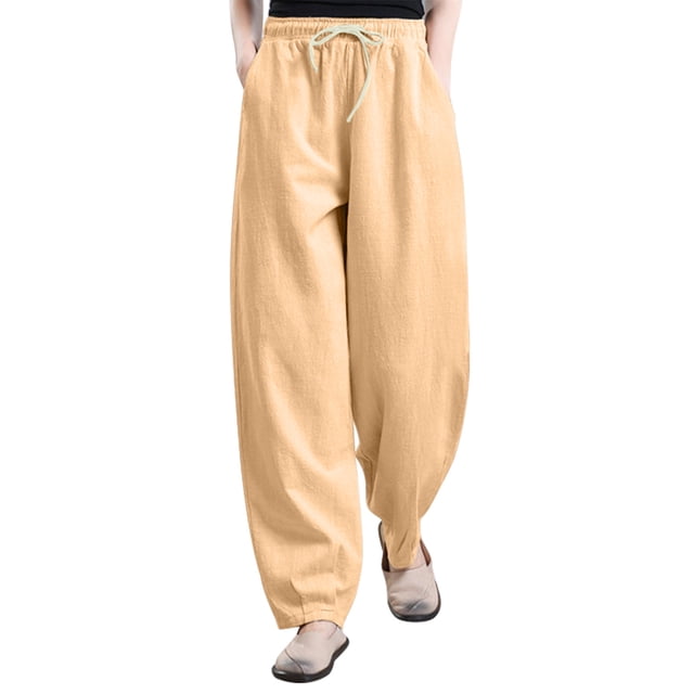 aidice Pantalon Femme Grande Taille Été Coton Lin Léger Ample Décontracté à Cordon Poches