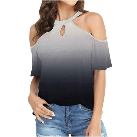 BYOIMUD Clothing Sales Summer Color Shoulder Blouse for Women Gradient Color Halter Neckline Shirts Leisure Loose Fit Short Sleeve Tees Shirts Black