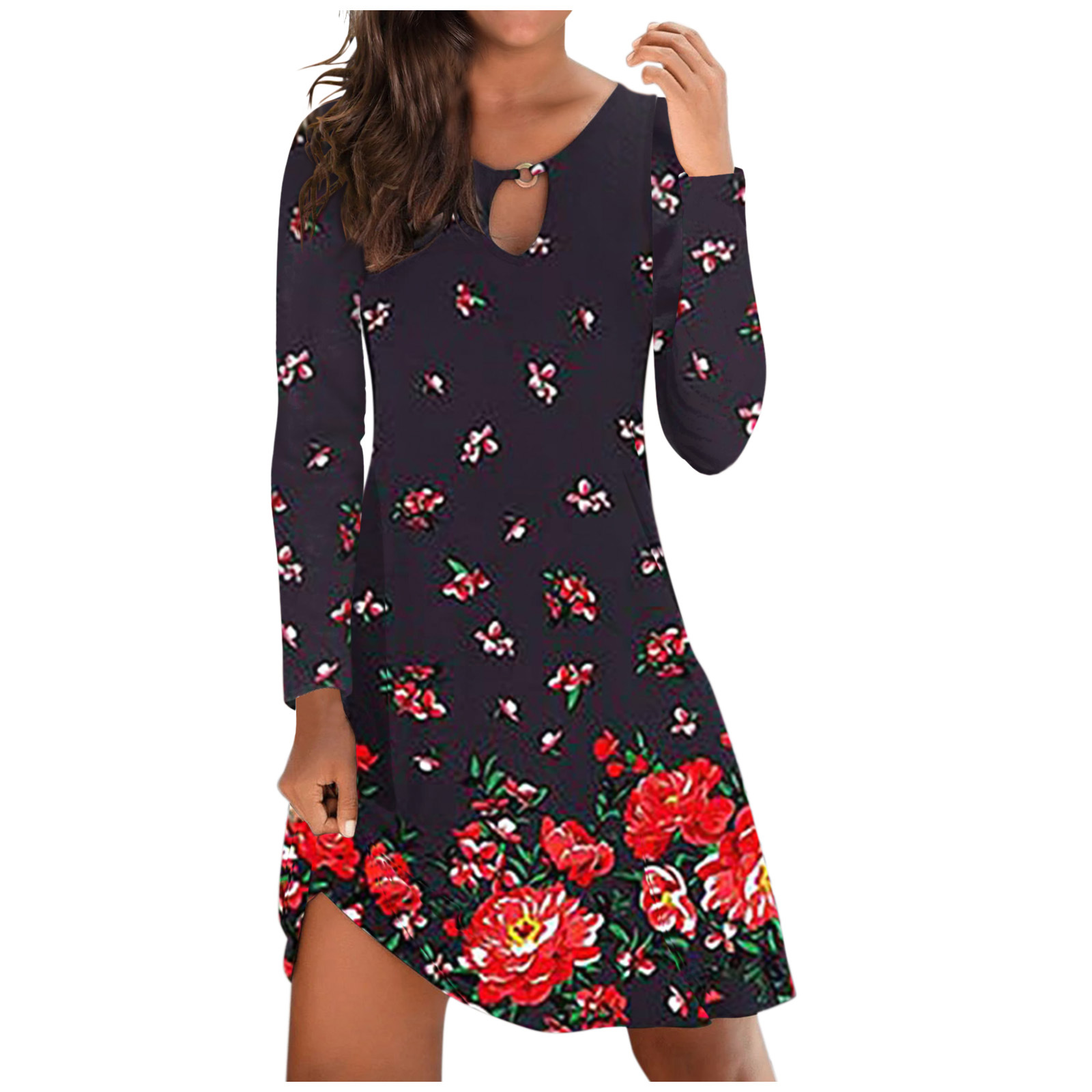 Women S Fashion Long Sleeve Streetwear Mid Length Dress Sexy Casual Sliming Beach Party Crewneck Vintage Flower Print Dress Walmart Com