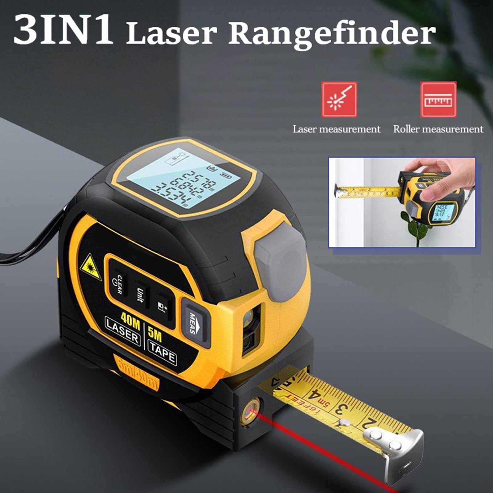 3-in-1 Laser Tape Measure, Infrared Laser Measuring Tape Tool with Led Display Self-Locking Portable Accurate Rangefinder for Workshop, Yellow(40M)