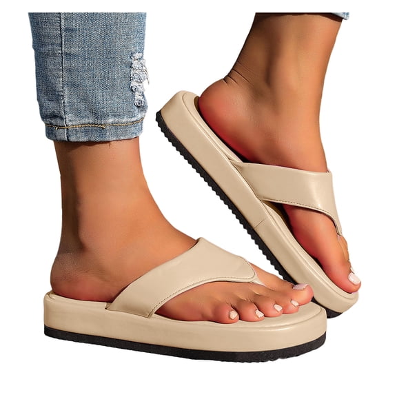 Rokment Platform Flip Flops Dress Sandals for Women 2026 Fashion Casual Leather Thick Sole Cushioned Slip on Thongs Beach Summer Comfort Walking Flat Slippers Beige Size 6