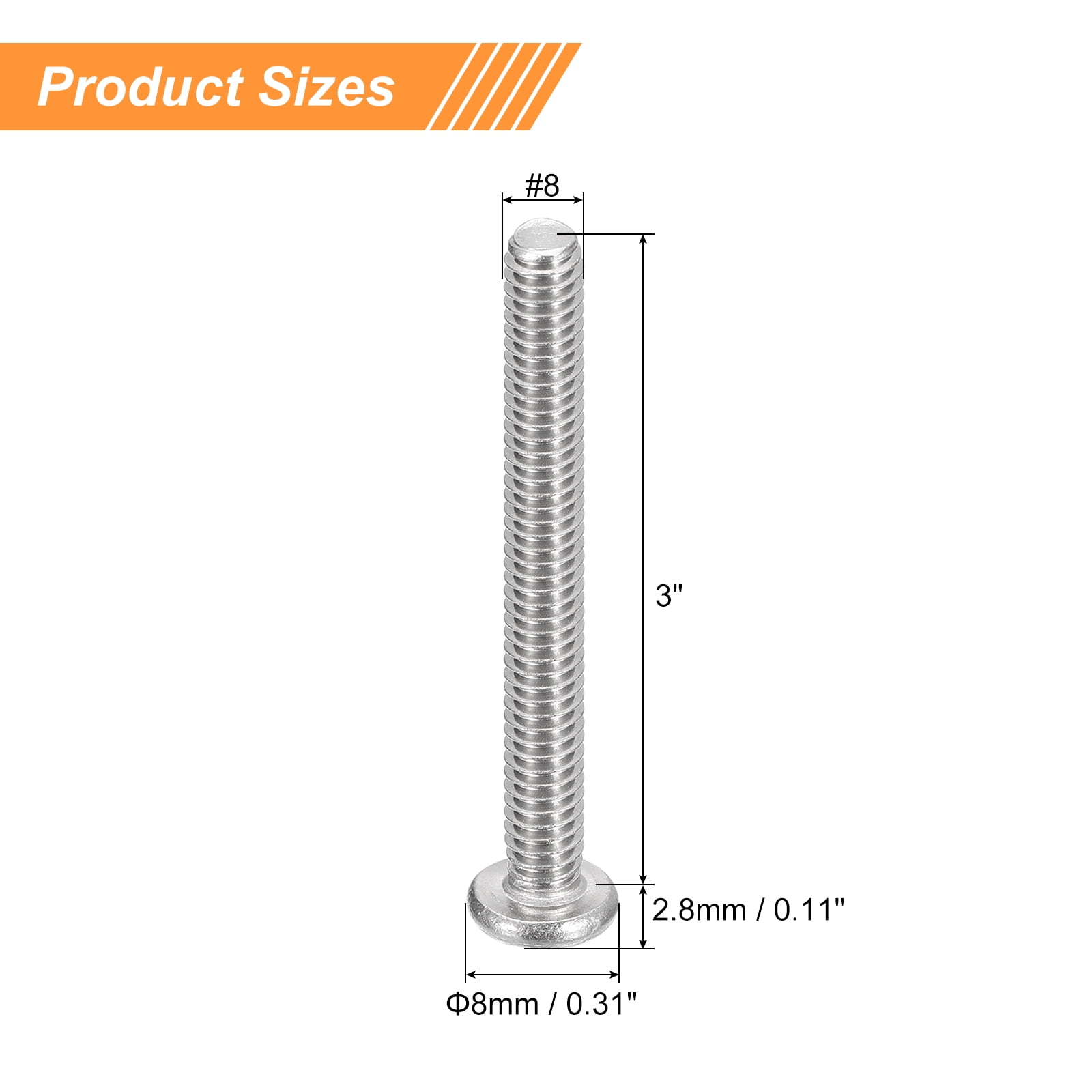 #8-32x3" Pan Head Machine Screws, 304 Stainless Steel Screw, Pack of 50