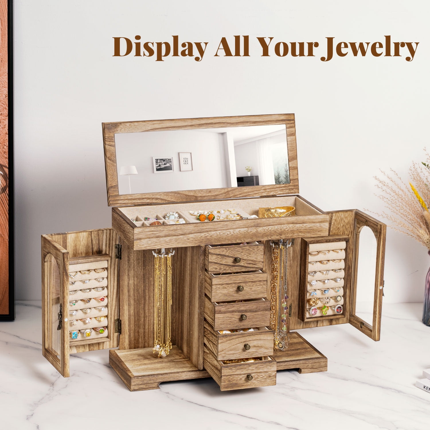 Sfugno Jewelry Box for Women Girls, Wooden Jewelry Organizer Box with Mirror, 5 Layer Jewelry Storage Case,Rustic Brown