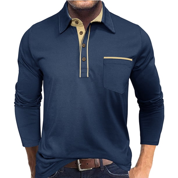 pstuiky hombres de manga larga, Camiseta informal de manga larga con botones y retazos para hombre Tops de talla grande para hombre xl