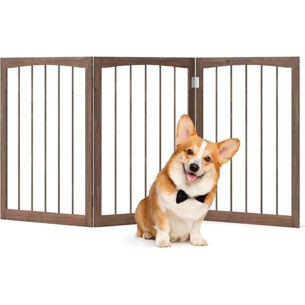 JJUN Freestanding Dog Gate for Small Medium Dogs, 63" W x 30" H Foldable 3-Panel Wooden Pet Gate, No Assembly Required, Indoor Safety Fence for Doorways, Stairs, Hallways, Bedrooms (Brown)
