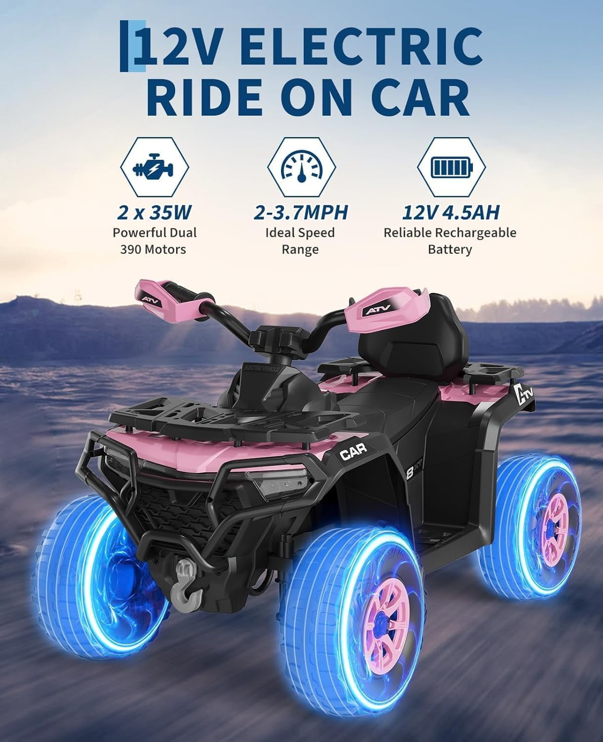 Historyli Powered Ride Ons,12V 4 Wheeler ATV,Ride on Eletric Motorcycle,2-Seater Electric Vehicle Toy Car with High&Low Speed,Music,Led Lights for 3-8 Years,Pink