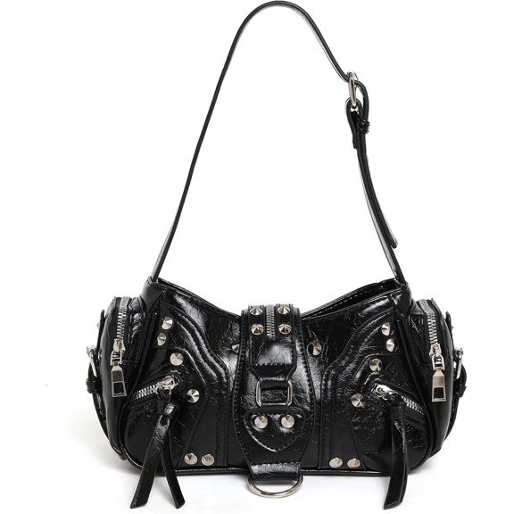 Sunyuer Y2K Rivet Shoulder Bag for Women, Vintage Crinkled PU Leather Underarm Handbag, Punk Studded Crossbody Purse, Fashion Adjustable Strap Biker Bag for Daily Commute