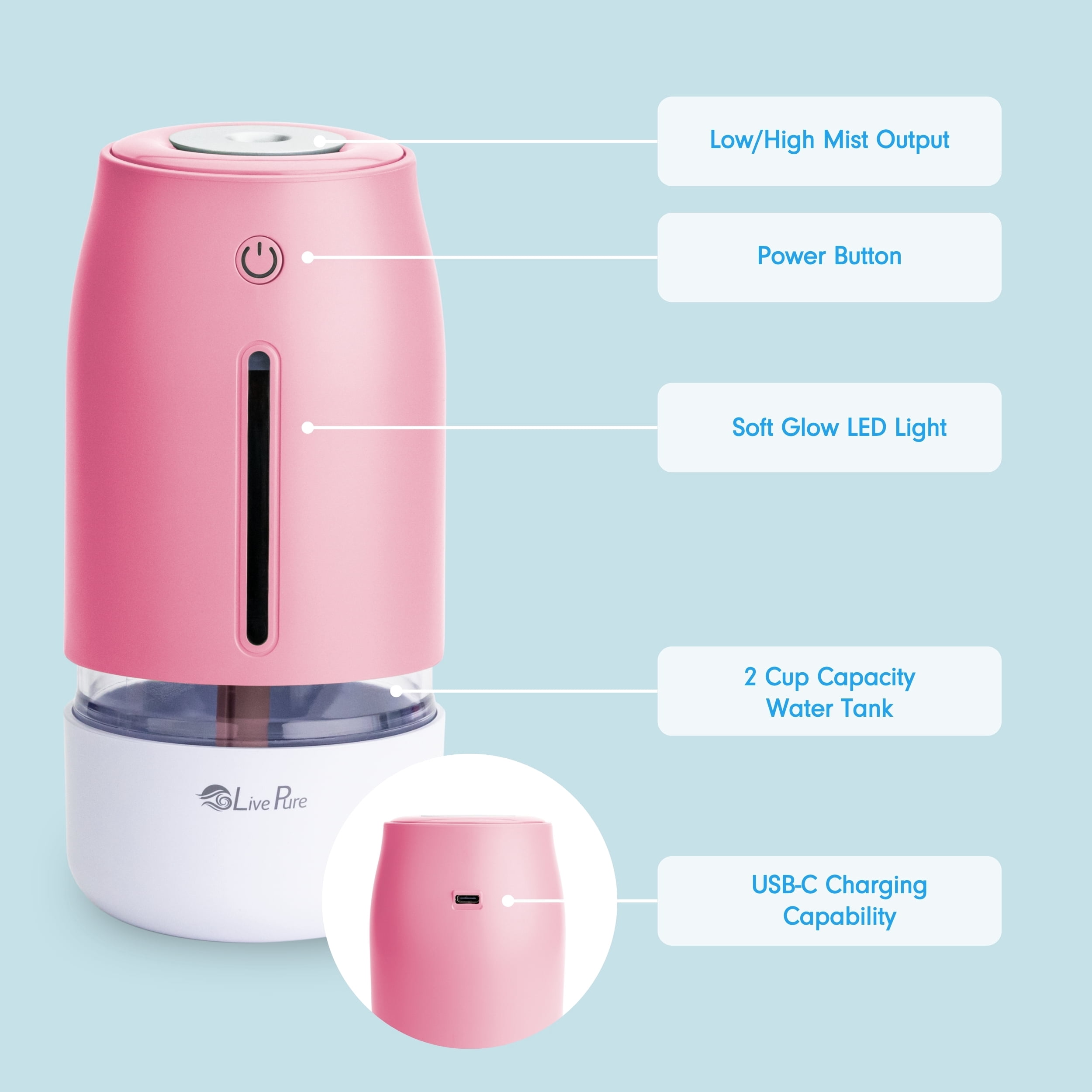 LivePure LP250 Aqua Glo Portable Cool Mist Humidifier. Rose Quartz