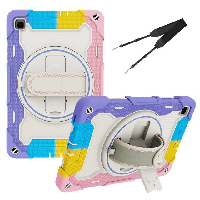XYX 3in1 Rotating Stand Case for Samsung Galaxy Tab S6 Lite 10.4 inch with Hand/Shoulder Strap, Shockproof Rugged, Colorful Pink