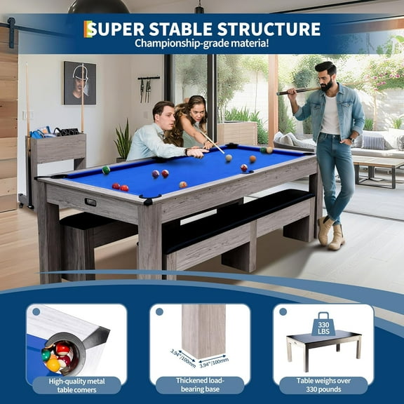Rugerasy 7FT 3-in-1 Pool Table with Dining Top & Table Tennis,Billiard Table Set (with Balls,Cues,Ping Pong),HDF Wood Grain Finish,Includes Rolling Storage Caddy,Blue