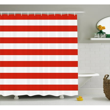 Horizontal Board (Geometric Shower Curtain, Classical Striped Pattern Bold Lines in Horizontal Direction Old Fashioned, Fabric Bathroom Set with Hooks, 69W X 84L Inches Extra Long, Vermilion White, by)