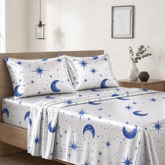 Silky Star & Moon Printed Bed Sheet Fitted Sheet 3/4âPiece Set, Soft Smooth Breathable AllâSeason Bedding, Durable Stitched Edges, Fits Multiple Depth Mattresses, Machine Washable