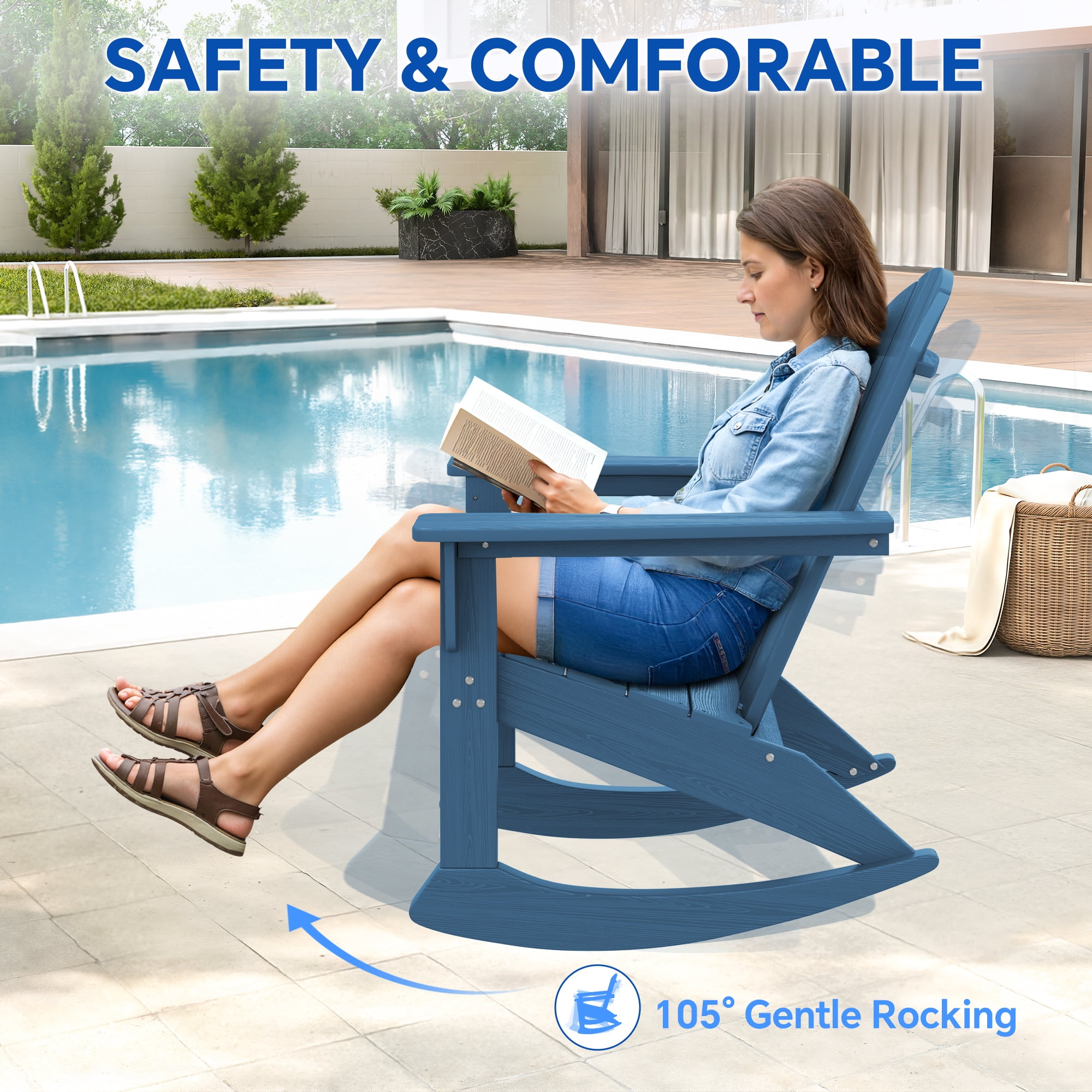 SERWALL Rocking Adirondack Chair, HDPE Outdoor Rocking Chair, All Weather Porch Rocking Chair for Patio, Blue
