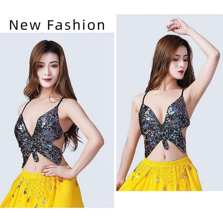 Women's Sequin Tank Top Spaghetti Strap Butterfly Crop Top Belly Dance  Costume Outfits
