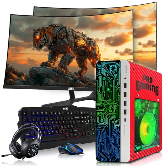 Restored HP G4 Gaming Desktop Computer PC Carbon Red Intel i5,16GB RAM,256GB SSD OS + 2x500GB HDD,Dual 27 Inch Curve Monitor,GT 730 Graphics,RGB KBM with AI Copilot,WiFi,RGB Headphone,Windows 11 (Refurbished)