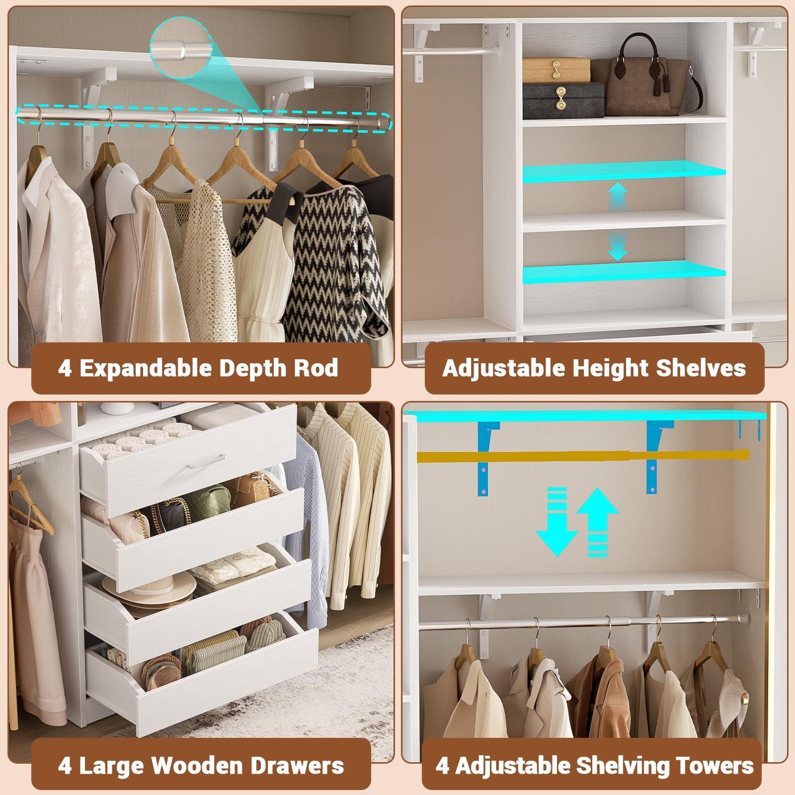 Homieasy 8FT Walk-in Closet System with 4 Wooden Drawers & 4 Hanging Rods ,96'' Wardrobe Tower, Garment Rack ,Heavy-Duty Closet Organizer for Bedroom/Laundry Room ,White