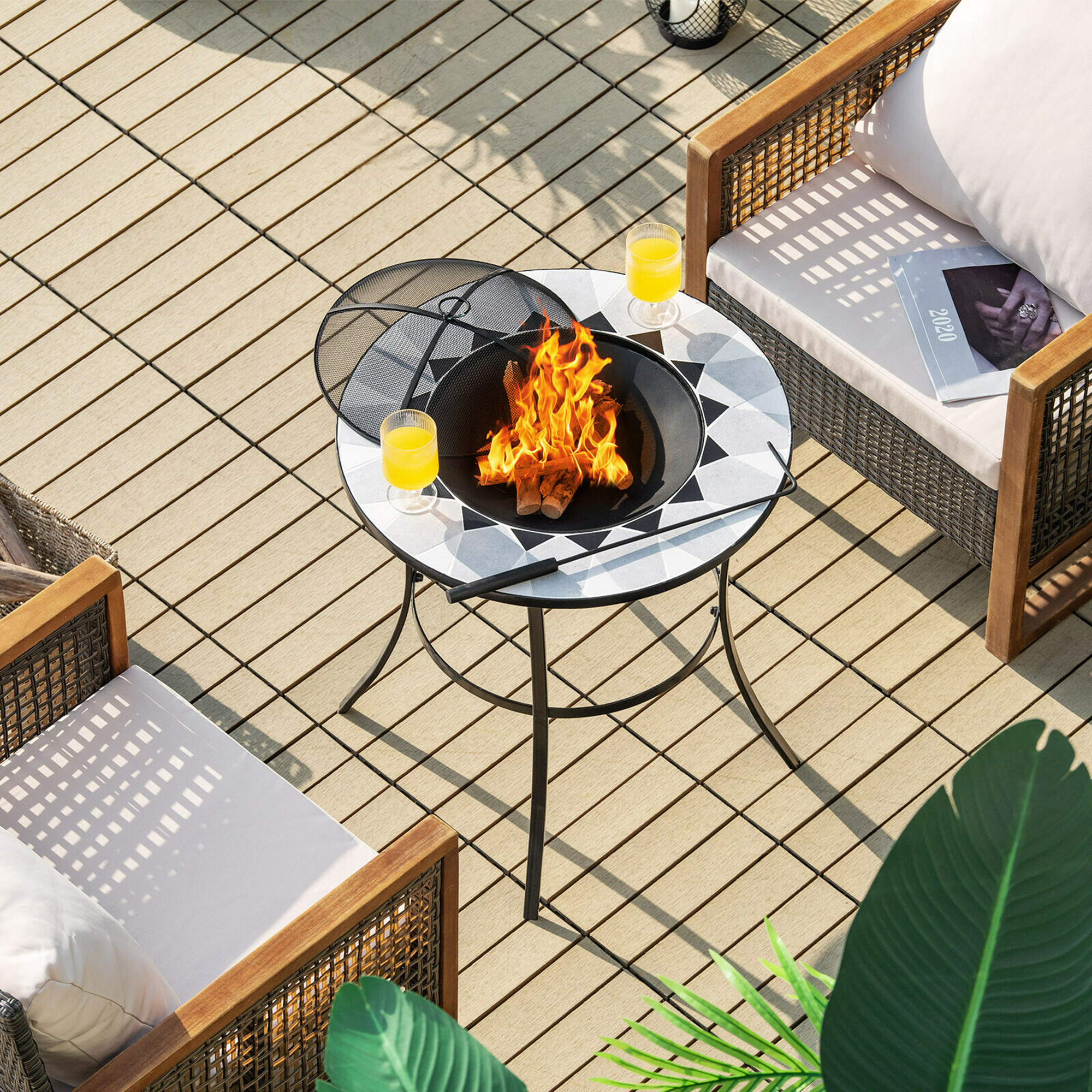 Gymax Fashion 23.5'' Round Fire Pit Table Wood Burning Heater W/ Mesh Cover & Fire Poker