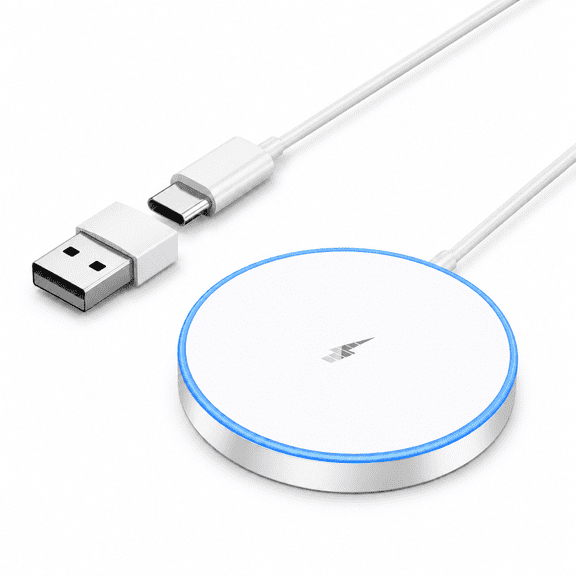 WTUHU 15W Magnetic Wireless Charger Pad, Compatible with iPhone 17/16/15/14/13/12 Series and AirPods Pro 3/2, USB-A/USB-C Dual Input, 4 ft Cable White
