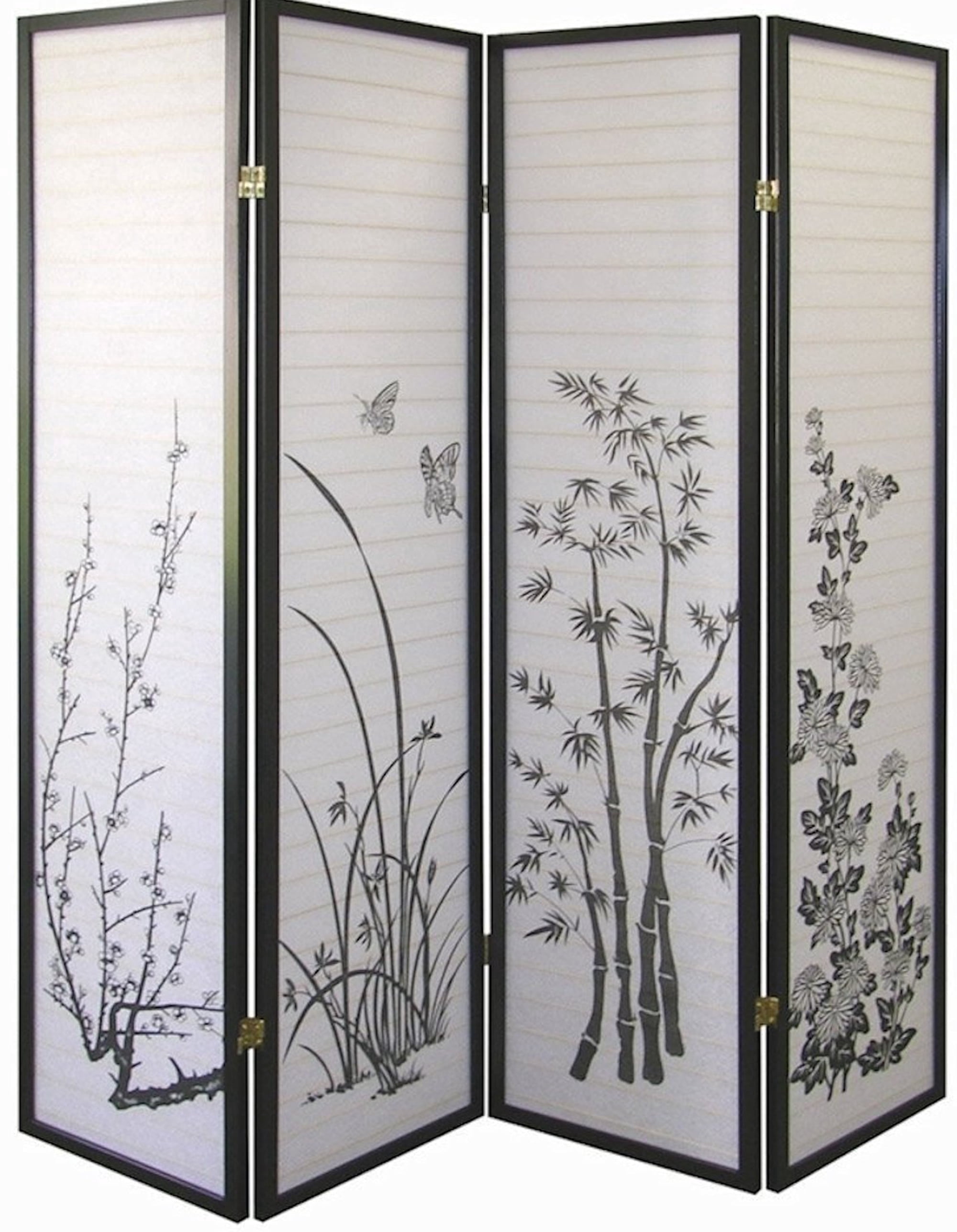 Legacy Decor Japanese Oriental Style Bamboo Flower Design 4 Panel Room Divider 71" Tall Black