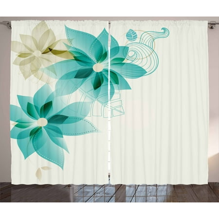 Teal Coloured Curtains Teal Curtains 2 Panels Set, Vintage Inspired Floral Design with Abstract Vibrant Colored Natural Elements, Window Drapes for Living Room Bedroom, 108W X 90L Inches, Turquoise Beige, by Ambesonne ()