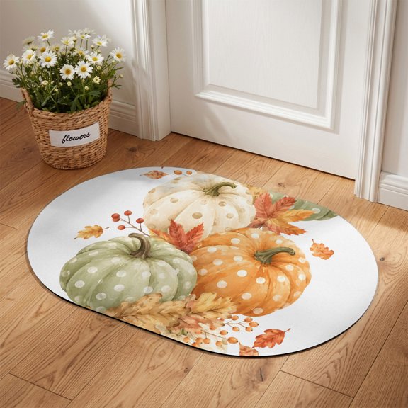 Autumnal Harvest Diatomaceous Earth Bath Mat, Orange Green Polka Dot Pumpkins Maple Leaves Oval Non-Slip Quick Dry Door Mat Super Absorbent Bath Rug for Bathroom Kitchen Laundry 16x24in