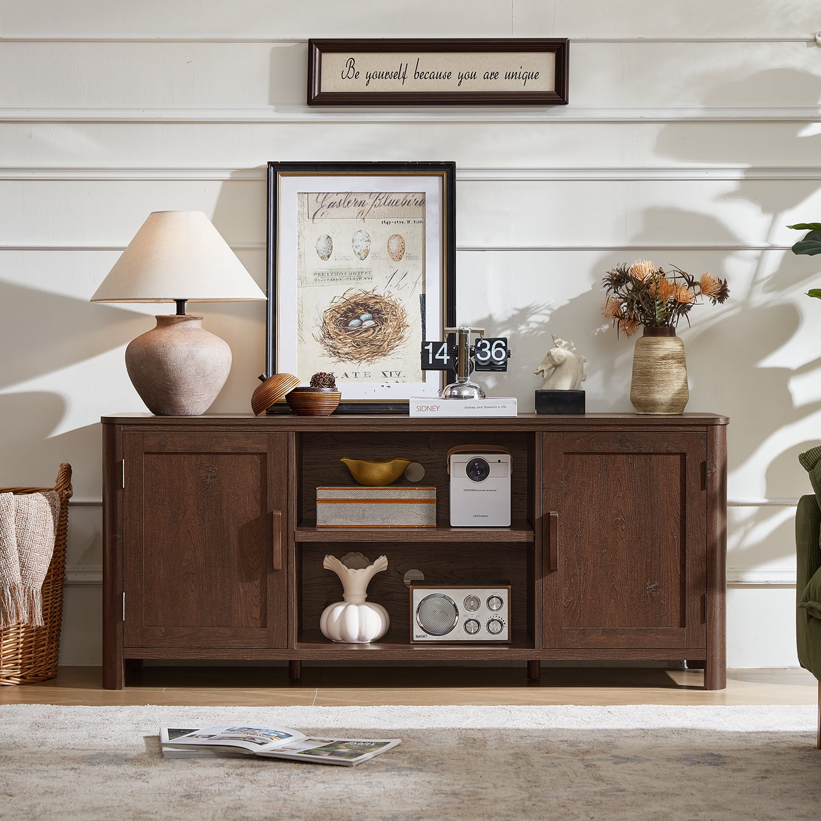 Joaxswe Modern Farmhouse with 2 Doors TV Stand, up to 65 inches, Rustic TV Stands for Bedroom, Walnut Wood Grain Finish
