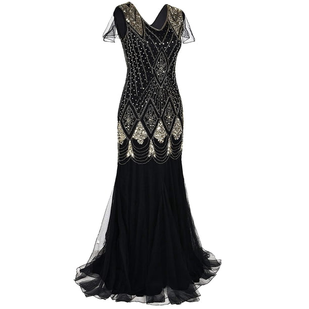 1920s Sequin Gatsby Flapper Long Dress Mermaid Evening Gown Black Gold / XL 1920s Sequin Gatsby Flapper Long Dress Mermaid Evening Gown Black Gold / XL