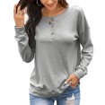thumbnail image 3 of Jersey de mujer con botones, cuello redondo, manga larga, ajuste holgado, sudadera de color puro para la cita diaria de trabajo, gris XL, 3 of 6