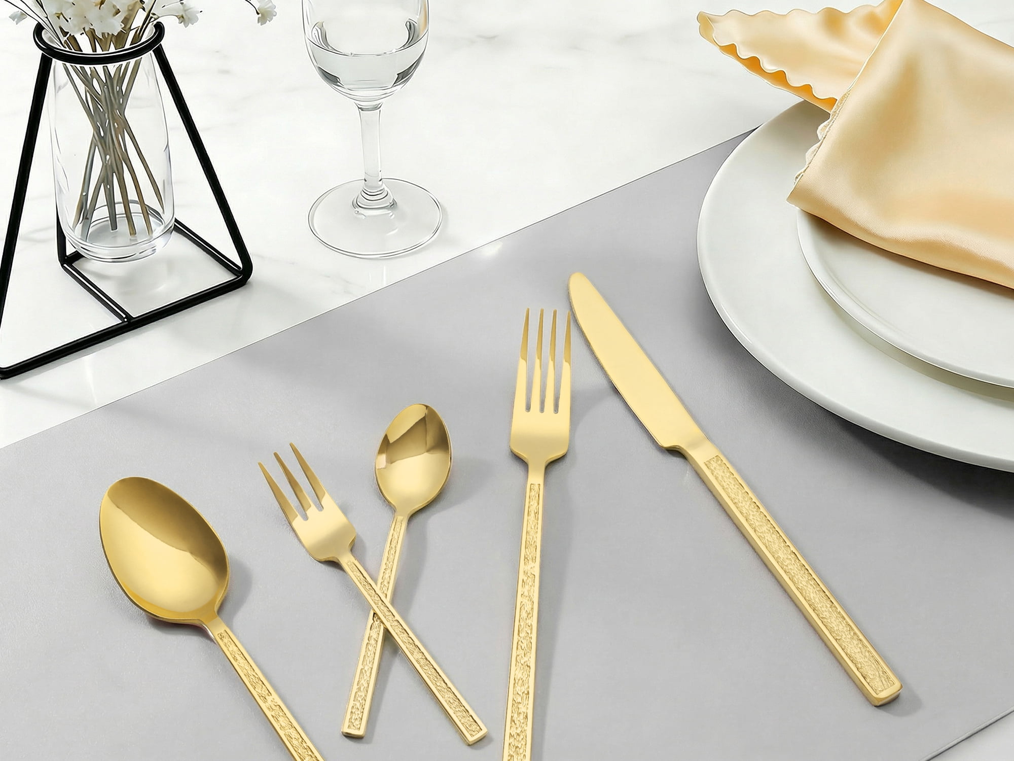Unique Bargains 20 Pieces Stainless Steel with Texture Flatware Set for 4 Gold
