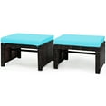 thumbnail image 1 of Patiojoy 2 PCS Outdoor Wicker Ottoman Patio Rattan Furniture Metal Footrest Seat Square Footstool with Cushion Turquoise, 1 of 8