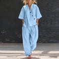thumbnail image 2 of mihongmao Luau Outfits for Women Holiday Party Sets Women's Summer and Linen Set Casual V-neck Top+wide Leg Pants Set Two-piece Set Light Blue 3X, 2 of 8