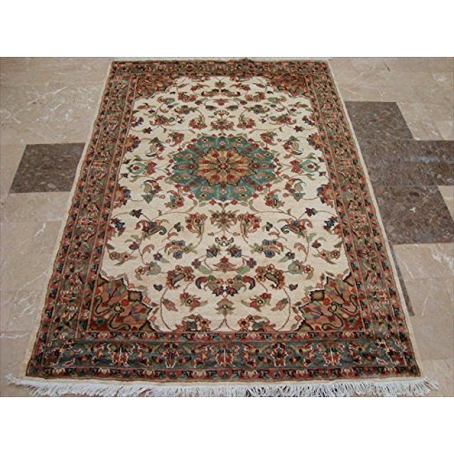 Chiraag Bunch Ivory Medallion Floral Rectangle Area Rug Hand Knotted Wool Silk Carpet (6 x 4)'