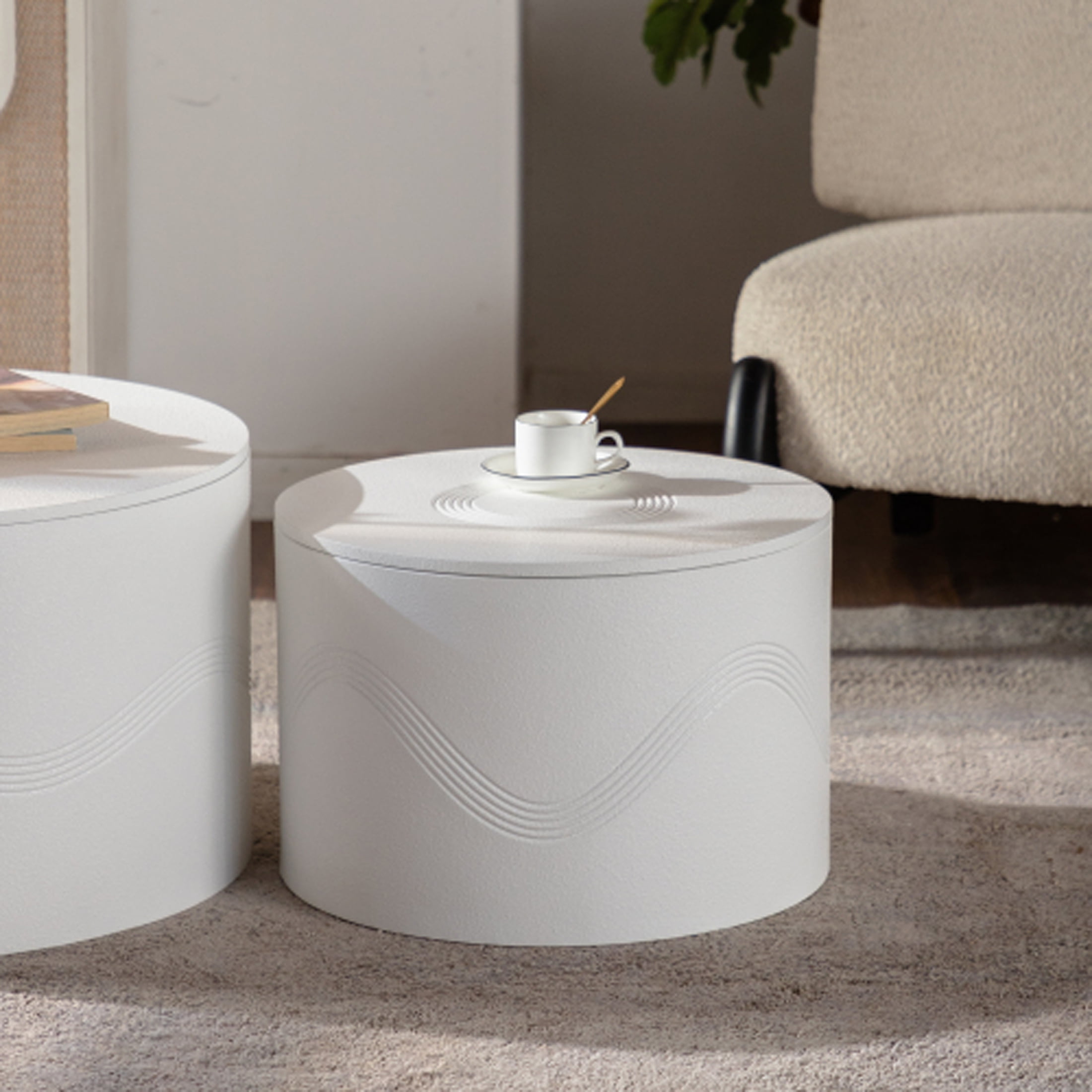 Kevinplus Round Coffee Table Set of 2 with Hidden Storage, End Table for Living Room, Apartment, No Need Assembly, White