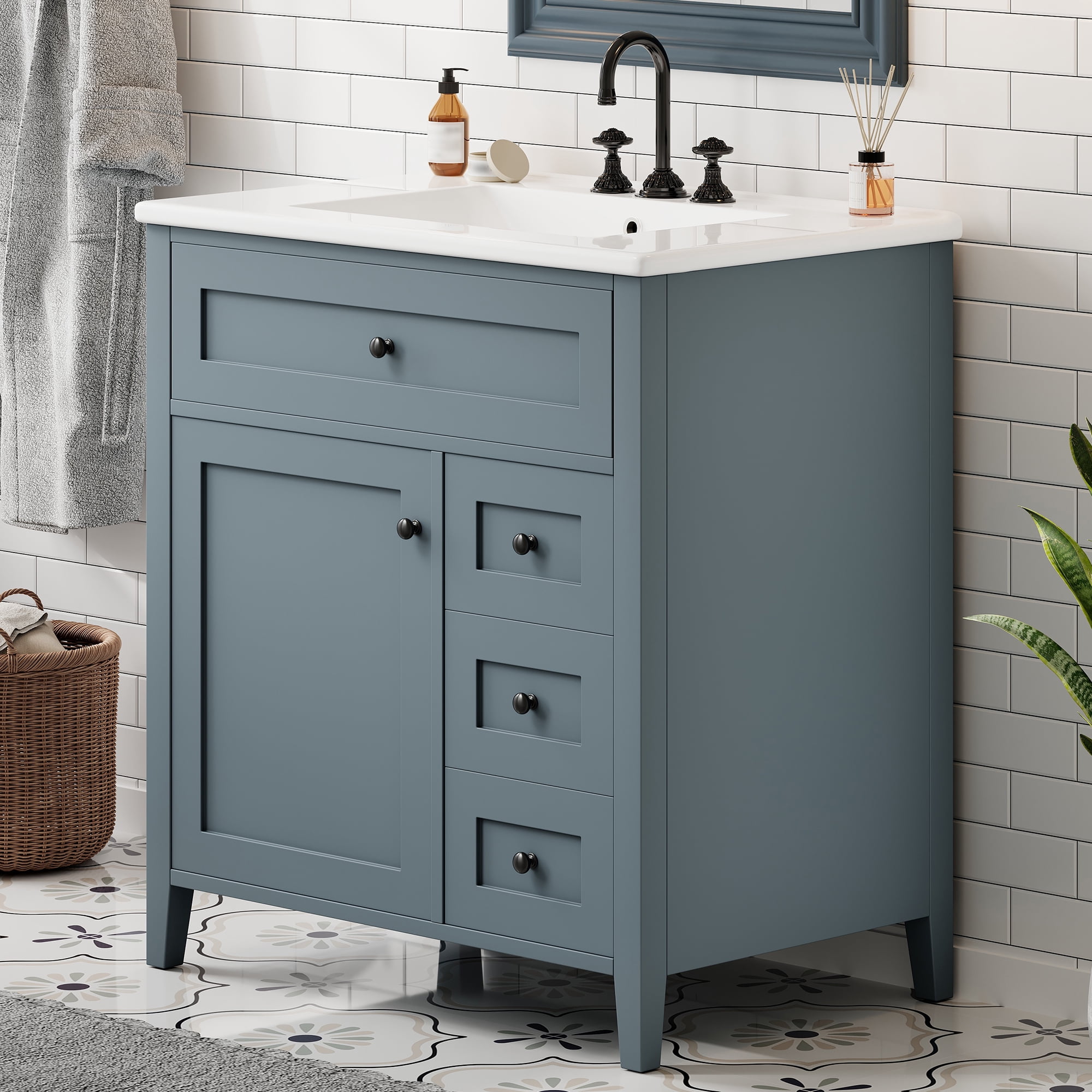 Anpport 30" Freestanding Bathroom Vanity with Sink, Modern MDF & Rubberwood Cabinet, 3 Drawers, Adjustable Shelf & Left‑Side Door, Blue Grey
