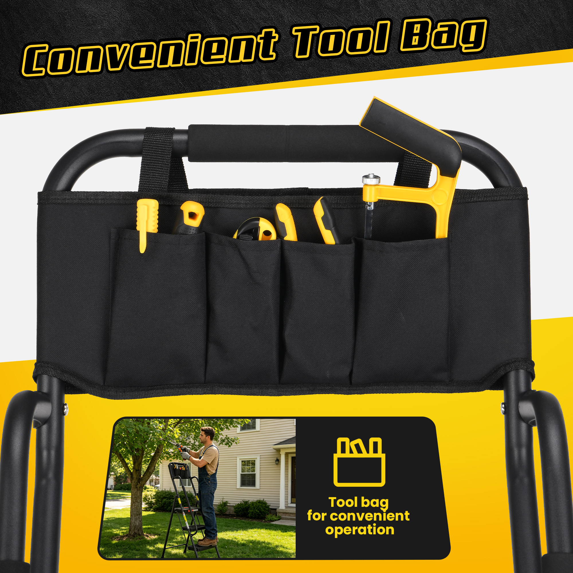 LevLad 3-Step Folding Ladder with Dual Handrails and Tool Bag photo 3