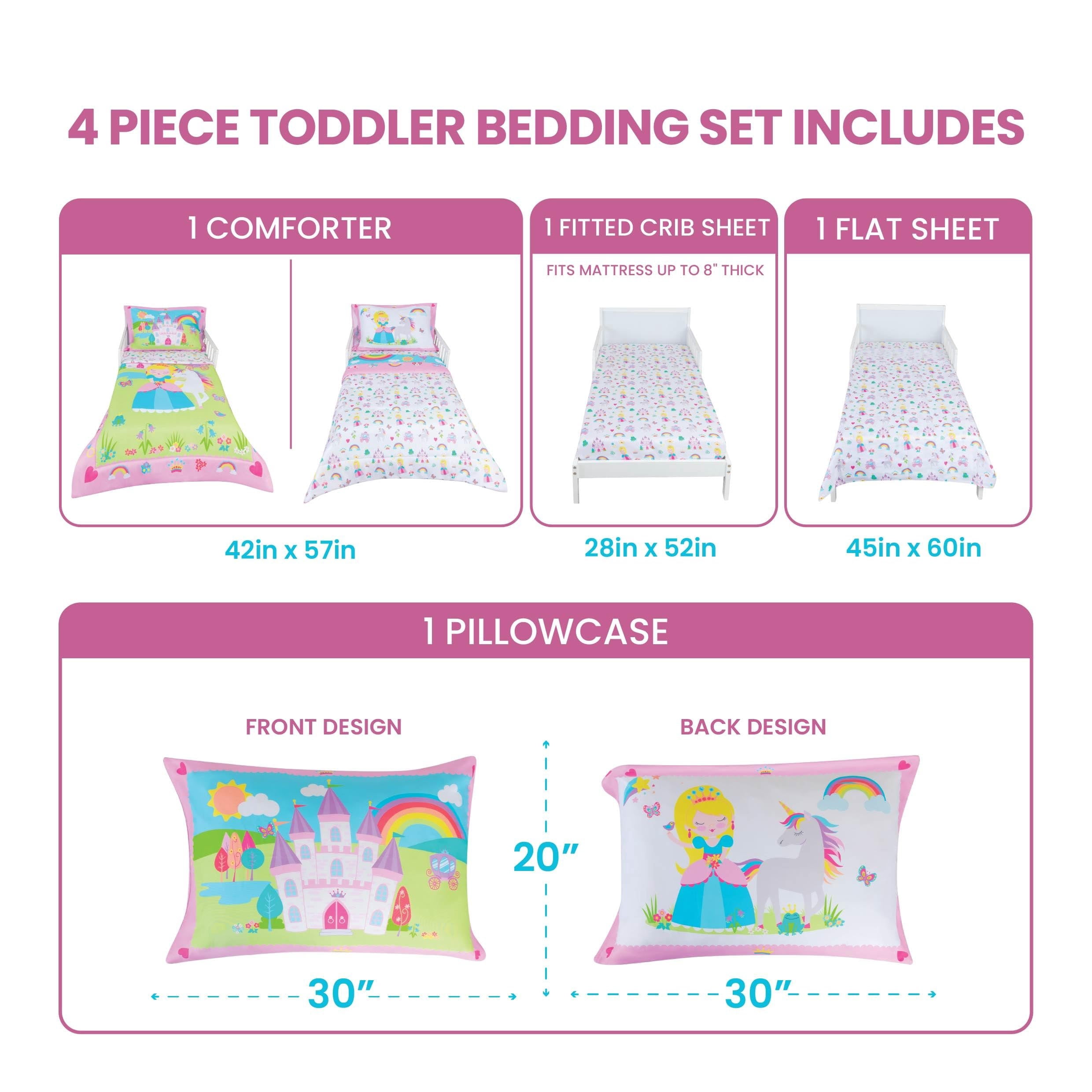 Todays Kids Princess Toddler Bedding Set for Girls - 4-Piece Toddler Bed Comforter Sets for Girls, Reversible Comforter & Pillowcase, Flat Sheet, Fitted Sheet, Breathable & Super Soft Microfiber